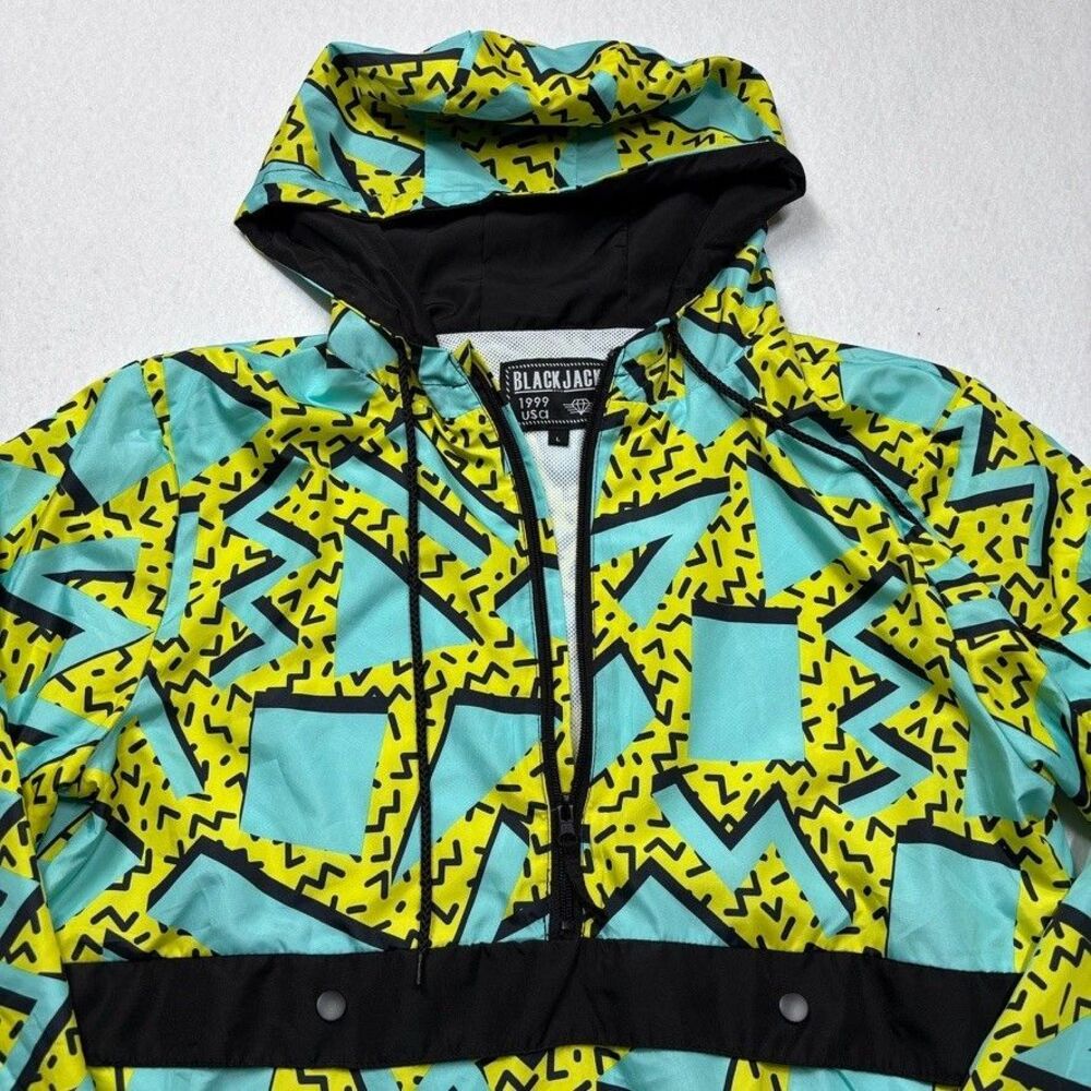 Vintage Black Jack 1999 Mens Blue Neon Geometric 90s Retro Windbreaker Jacket L